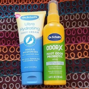 Dr. Scholl's Blue Ultra Hydrating Foot Cream and Yellow Odor-X Probiotic Spray